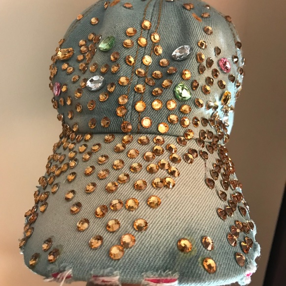 NWOT Distressed look denim baseball cap w/rhinestones - Picture 3 of 6